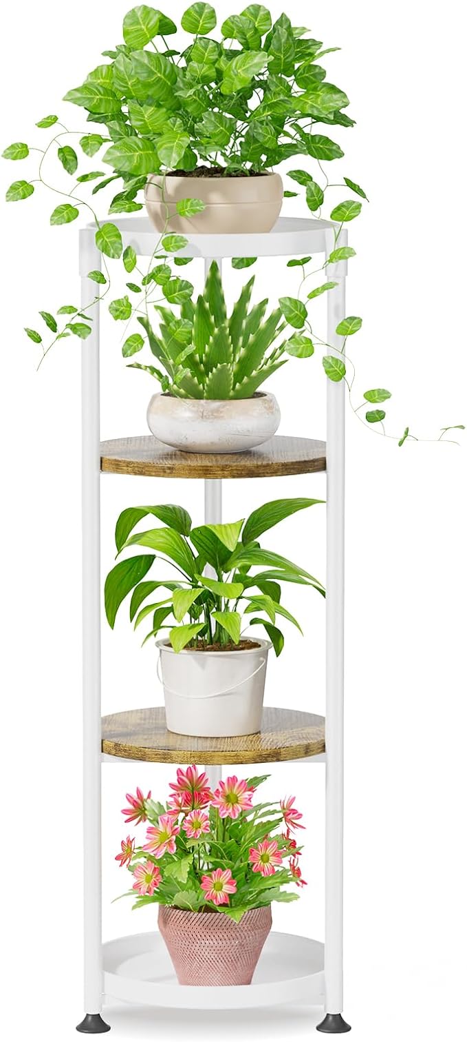 iDavosic.ly 4 Tier Corner Plant Stand Indoor, 45 Inch Tall Vertical Metal Flower Heavy Duty Pot Holder Shelf Outdoor for Patio Porch Living Room, White & Rustic Brown - Round