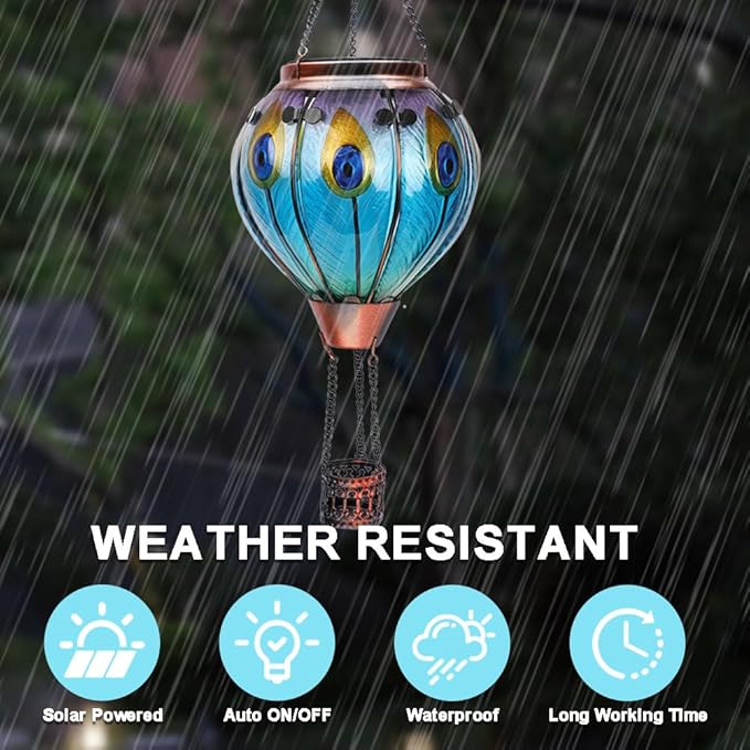 2PC Hot Air Balloon Solar Lantern with 2PC Shepherd Hook, Flickering Flame Hanging Solar Lanterns Outdoor Lights Waterproof Lanterns for Garden Patio Yard Party Decor (Peacock Feather Blue)