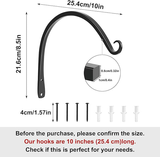 Gtongoko 2 Pack 10 Inch Plant Hangers Outdoor Metal, Plant Hooks for Wall Indoor, Outdoor Hooks for Hanging Bird Feeders, Plant Bracket, Lanterns, Wind Chinme, Black
