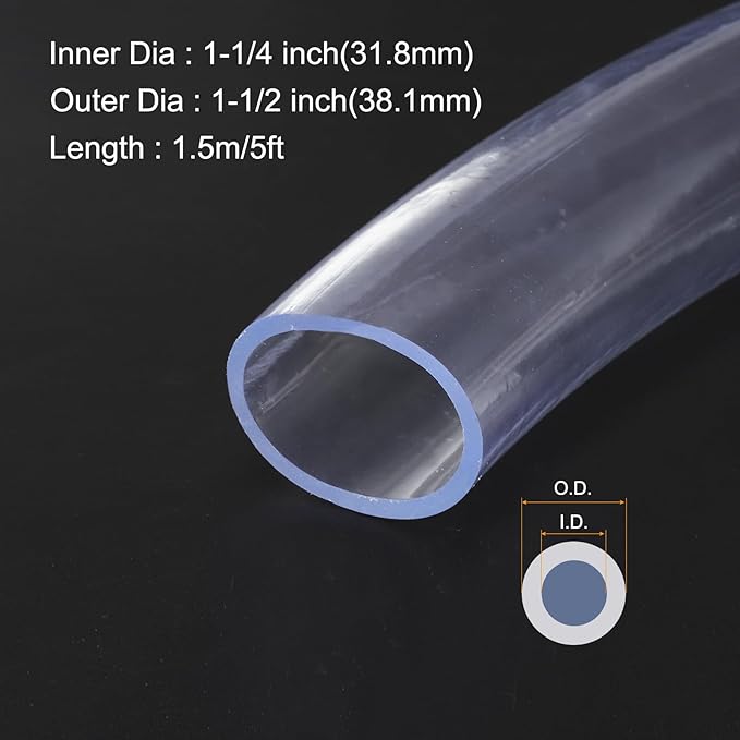1 1/4" x 1 1/2" Clear Plastic PVC Tubing 5ft Flexible Vinyl Tube, [for Garden Irrigation, Water Hose, Fish Tank, Aquarium] - 31.8mm x 38.1mm