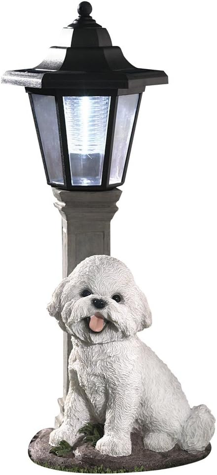 Bits and Pieces-Solar Bichon Lantern-Solar Powered Garden Lantern - Resin Dog Sculpture with LED Light