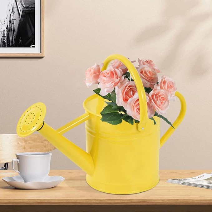 Metal Watering Can for Outdoor and Indoor Plants, Watering Can Decor, 1 Gallon (Yellow)