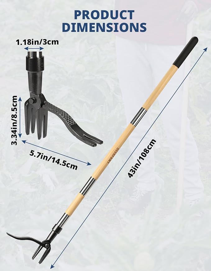 DEERFAMY Stand Up Weed Puller Tool with Long Handle, Manual Weeder with 3-Section Bamboo Construction & 4-Claw Steel Head Design, Gardening Hand Tool for Easy Weed Removal