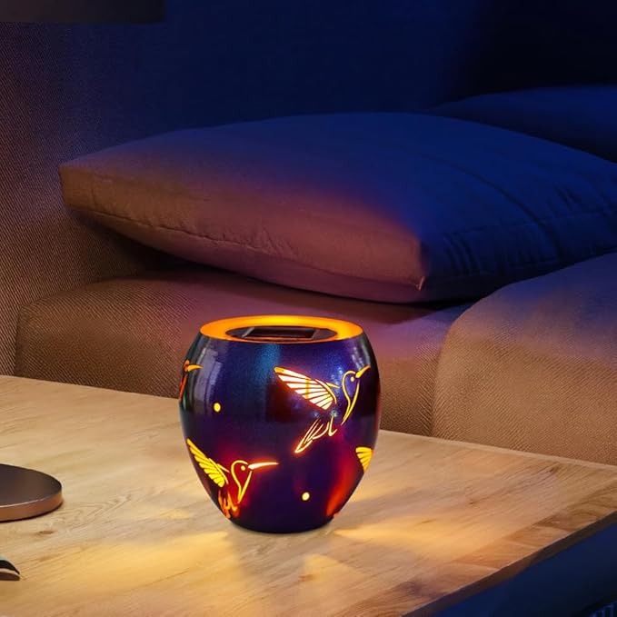 VEWOGARDEN Solar Lanterns Outdoor Waterproof Hummingbird Hollowed-Out Metal Lantern Solar Lights with Flickering Flame for Patio Porch Table, Purple