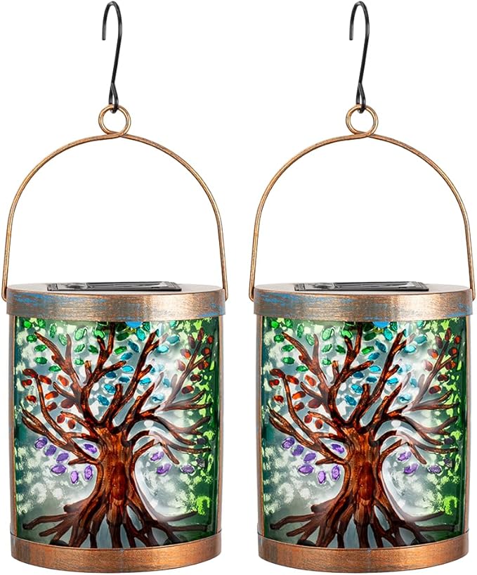 2 Pack Tree of Life Solar Lanterns Outdoor Waterproof, Hanging LED Solar Lantern for Tabletop Garden Yard Patio Decoration