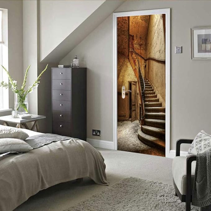 3D Door Wallpaper Self-Adhesive Door Sticker - Old Stairs - Door Film Poster Premium PVC Waterproof Wall Sticker for Bedroom Living Room Door Decoration Wallpaper 80 x 200 cm
