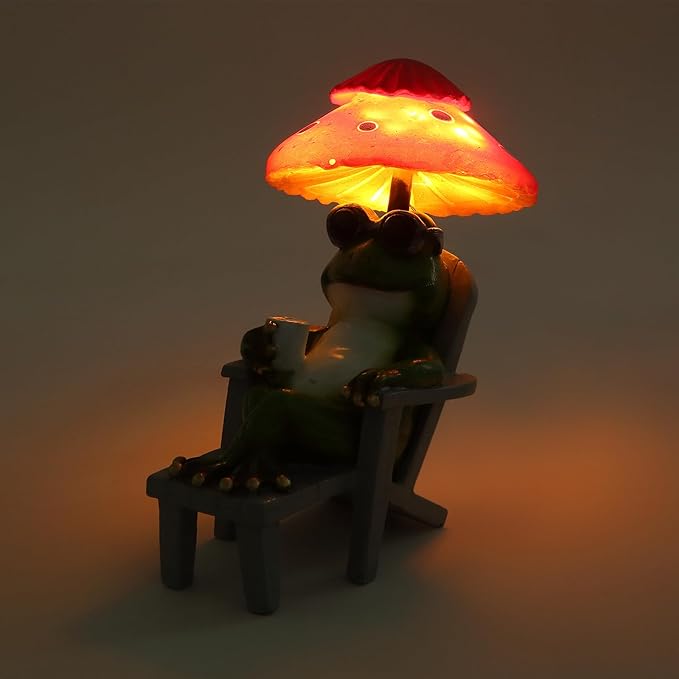 Little Frog Garden Statue with mini Patio Mushroom Solar Lights Outdoor Figurines Halloween Home Decor Fairy Garden Accessories Small Lawn Ornaments 4.5"x4.5"x2.6"
