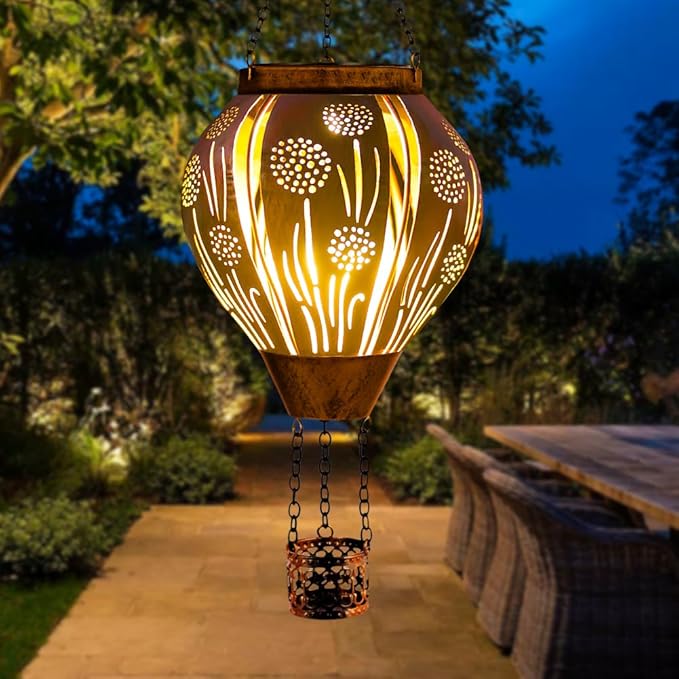 Hot Air Balloon Solar Lantern, Dandelion Hollow Out Solar Powered Hot Air Balloon Lantern Outdoor Waterproof, Copper Hanging Hots Airs Balloons Solars Light for Outdoor Patio Garden Decor