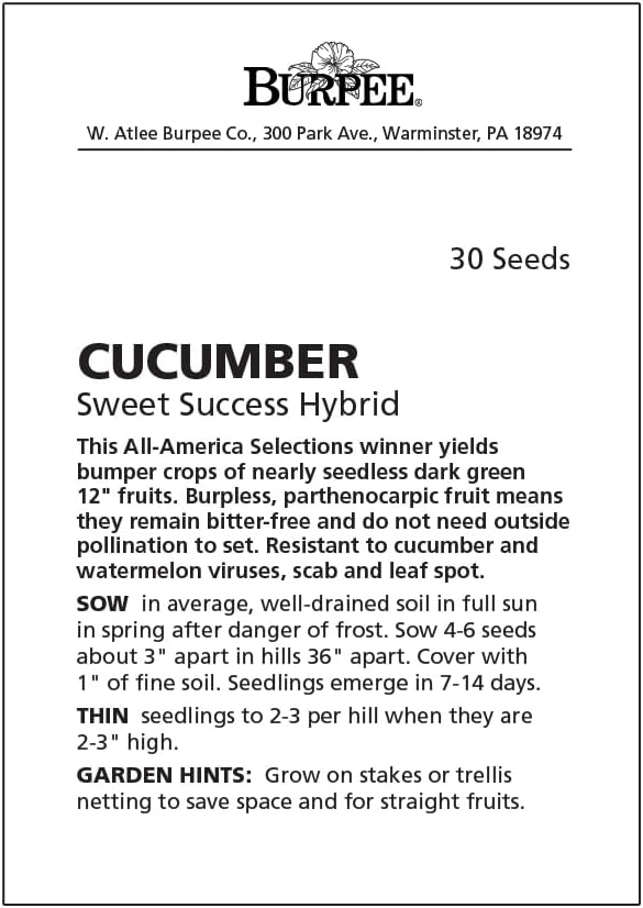 Burpee 'Sweet Success' Slicing Cucumber Seeds, 20 Non-GMO seeds