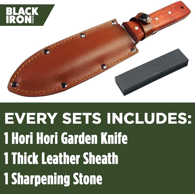Black Iron Hori Hori Garden Knife [7 Inches, Japanese Stainless Steel] Durable Gardening Tool for Weeding, Digging, Cutting & Planting with Leather Sheath and Sharpening Stone