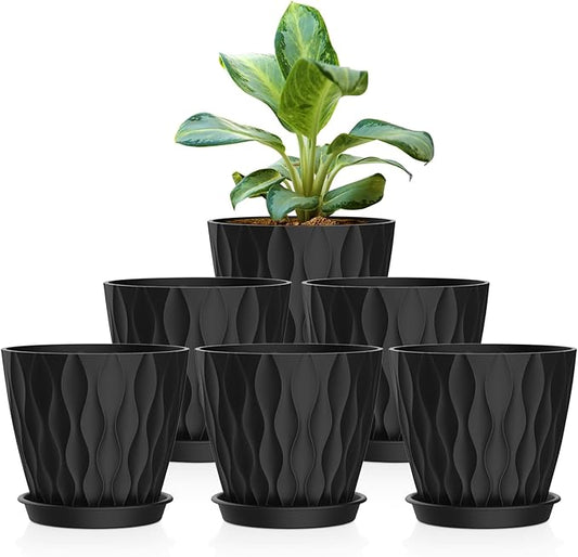 6 Pack 4 Inch Small Plant Pots with Saucers, 3D Textured Plastic Planters with Drainage Holes for Indoor and Outdoor Plants, Flowers, Herbs, Succulents, and Seedlings,Blue