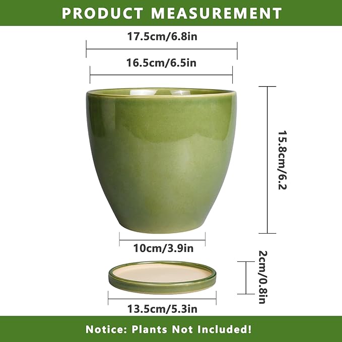Ceramic Planters for Indoor Plants - 6 Inch Plant Pot with Drainage Hole and Saucer Round Modern Flower Pot Home Garden Patio Decor Green
