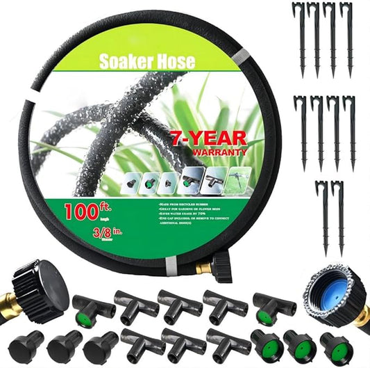 Soaker Hose 3/8 inch x 100FT,Garden Hose With Fittings,Heavy Duty Soaker Hose-Saves 70% Water For Lawn(100FT).