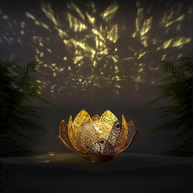 Solar Lights Outdoor Waterproof Lotus Flower Metal Yard Art Decoration Crackle Globe Glass Solar Lamp Garden Decor for Outside, Flowerbed Lawn Patio Porch Pathway Pond Decorations