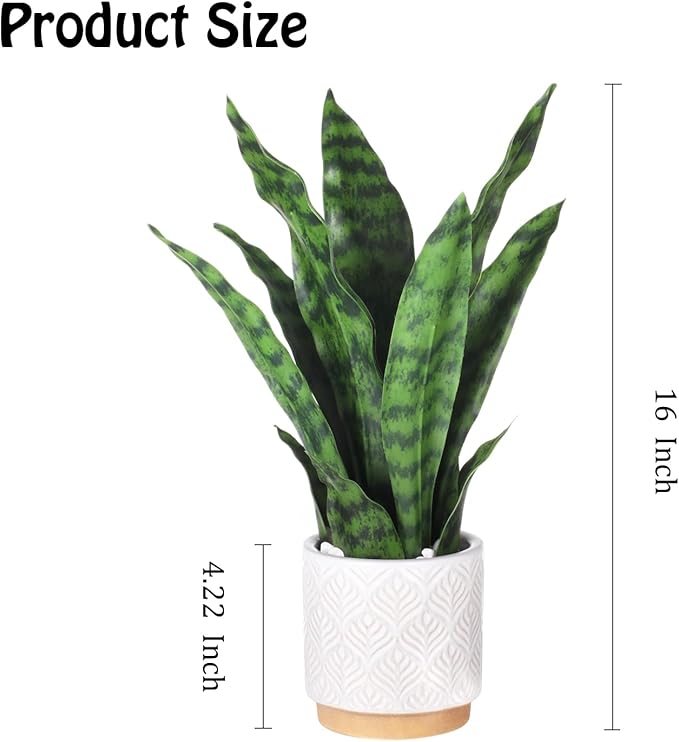 Artificial Snake Plants 16" with White Ceramic Pot Sansevieria Plant Fake Snake Plant Greenery Faux Plant in Pot for Home Office Living Room Housewarming Gifts Indoor Outdoor Decor-Green