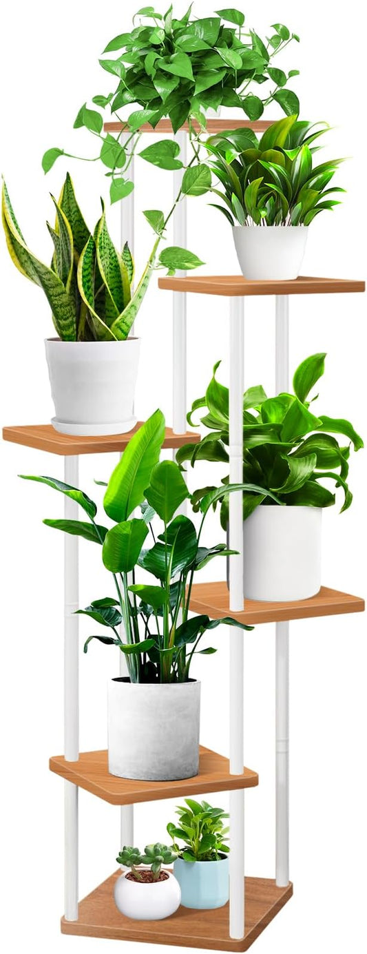 6 Tier Wood Tall Plant Stand Metal Rack Indoor, Multiple Flower Pot Holder Shelves Corner Rack, Planter Shelf Display Rack Storage Organizer for Patio Living Room Balcony Garden(White)