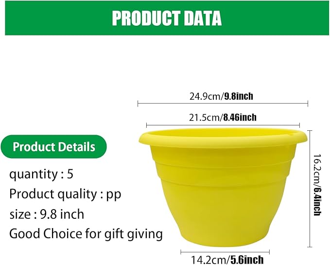 10" Planter Pot for Indoor Plants 5 Pack Plant Pots with Drainage Hole and Rubber Plug, Durable Lightweight Flower Pots Perfect for Home Decor, Yellow