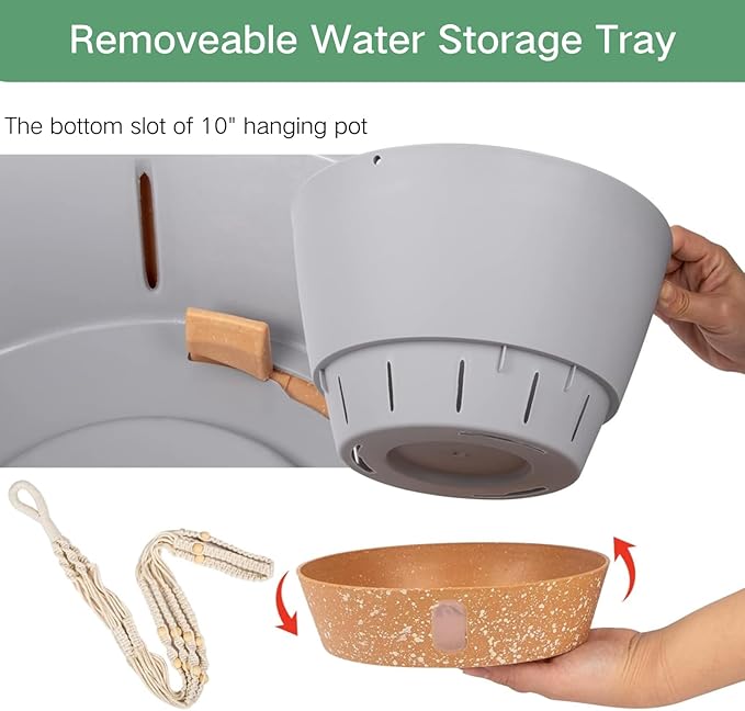 QCQHDU 2 Pack Hanging Planters for Indoor Plants, Outdoor Hanging Baskets, Self Watering Pots with Drainage Holes & Removable Tray (Light Grey, 10 inch, Macrame Hanger)