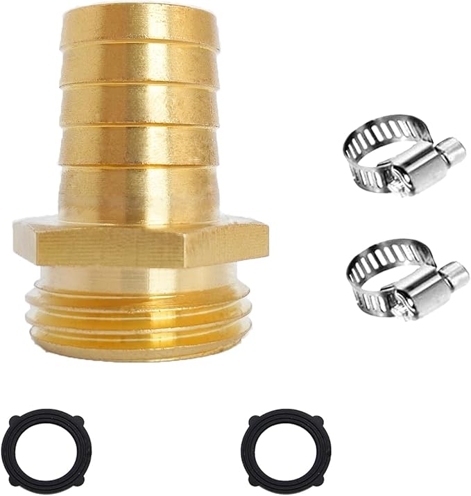 5/8" Barb x 3/4" Male GHT Thread Hex Brass Garden Water Hose Pipe Connector Copper Fitting with Stainless Clamp House/Boat/Lawn/Power Wash/Irrigation