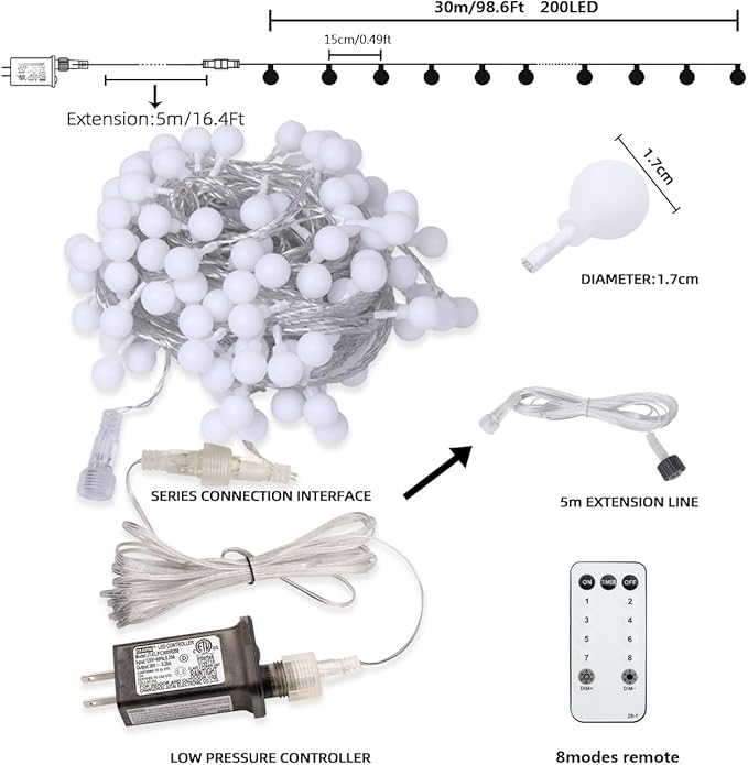 Globe String Lights Plug in 116 Ft. 200 LED 8 Modes with Remote,Waterproof Fairy String Lights for Indoor Outdoor Bedroom Party Wedding Garden Christmas Tree Decor,Warm White