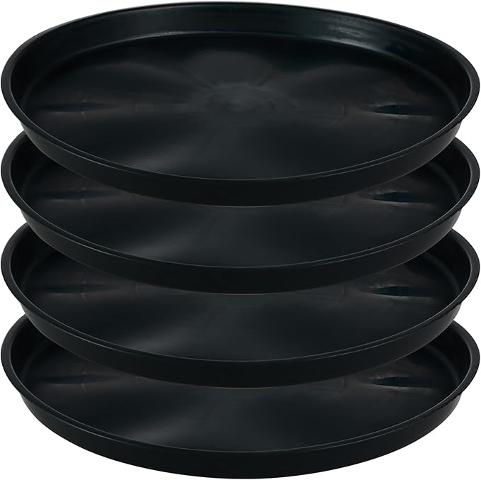 4 Pack Bottom 14 Inch Plant Saucers for Indoors Outdoors Plastic Plant Water Catcher Trays No Holes Round Flower Pot Drip Trays for Pots Base Heavy Duty Plant Pot Saucers Water Drainage Trays, Black