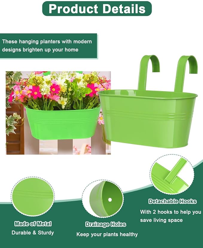 Metal Railing Planter for Outdoor Plants - 3 Pack Balcony Hanging Flower Pots with Detachable Hooks and Drain Holes Oval Bucket Rail Box Fence Planters for Home Garden Decor, Green Yellow Blue
