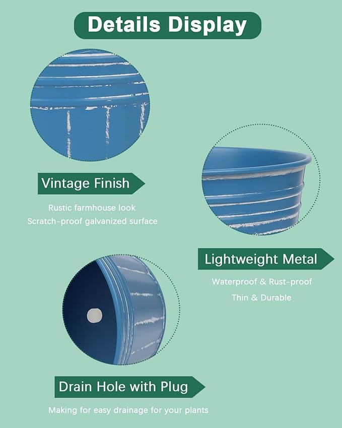 vensovo 5 Inches Blue Metal Rustic Flower Pots - 6 Pcs Small Galvanized Planters with Drainage Hole and Rubber Plug, Rustproof Tin Bucket Plant Pot Farmhouse Vintage Style for Decor