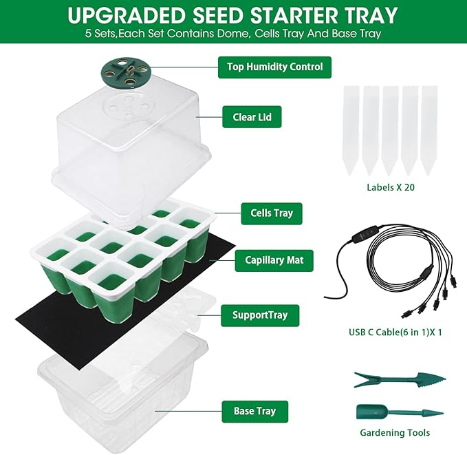 60 Cells Self Watering Seed Starter Tray with Soft Silicone Cells, 5 Pack Reusable Seed Starter Kit for Greenhouse Propagator Station Planting Growing