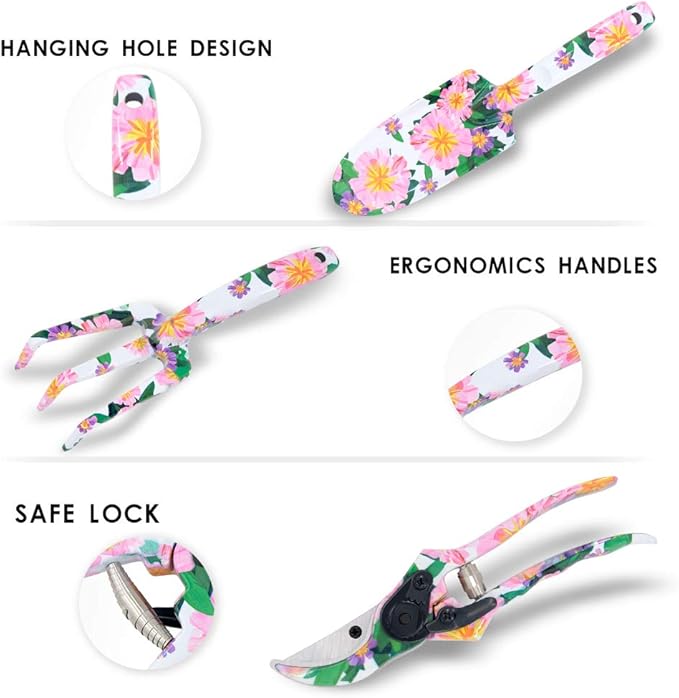 Gardening Gifts for Women,3 PCS Floral Print Gardening Tools Pink Include Hand Rake,Pruner and Trowel, Pink Exquisite Packaging Garden Gifts for Mom and Ladies