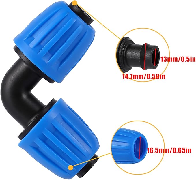 1/2 inch Blue Lock Barbed Elbow Connectors fit Drip Irrigation Fittings,16mm PE Tubing Connectors For 1/2" Drip Irrigation Tubing (OD 0.620 in.ID is 0.520. in)(10 Pcs Blue)