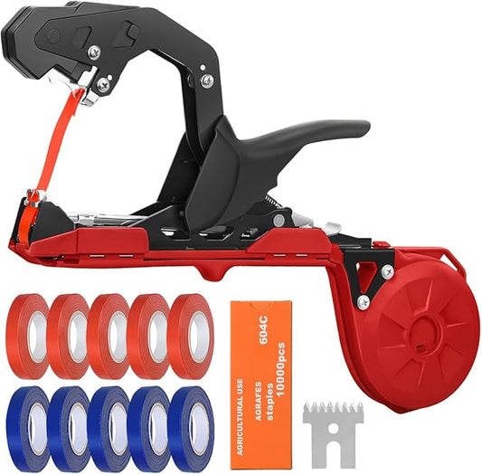 FUNTECK Professional Plant Tying Machine to Bind Tomatoes and Grapes Effortless Garden Tape Tool for Gardeners Farmers, Including Spare SK5 Blade, Garden Tapes and Staples, Red/Black