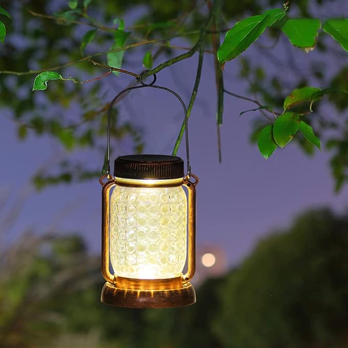Outdoor Garden Decor, 2 Pack Solar Lantern Waterproof Warmwhite Mason Jar Hanging Lights, Porch Decorative for Garden Yard Patio Backyard Deck Courtyard Lawn