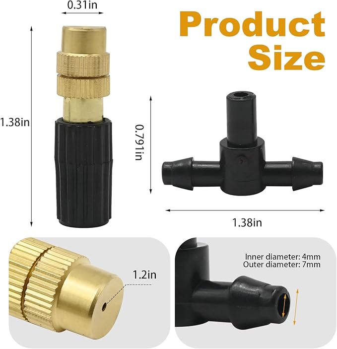 3-Way Atomizing Nozzle with Drip Irrigation Connector Irrigation Nozzle for 1/4-inch Drip Tubing Brass Misting Nozzles Tees for Gardens, Irrigation, Greenhouses, Lawns (20 PCS)