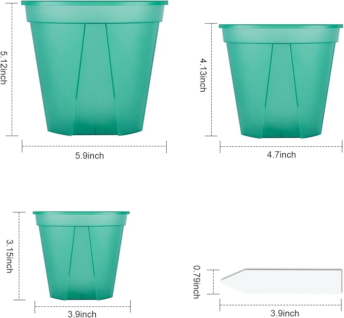 GREENPARA Green Transparent Plastic Planter 4/5 /6 inch Plant Nursery Pots with Drainage Hole Indoor Modern Decorative Containers for Plants with 10pcs Plant Labels, 12pcs
