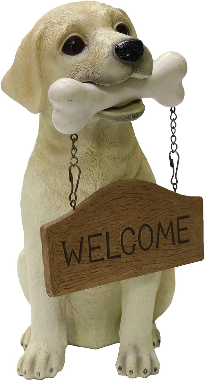 Nature's Mark Labrador Retriever Dog Puppy Statue with Reversible Welcome Sign and Go Away Sign Resin Garden Decor 12" H