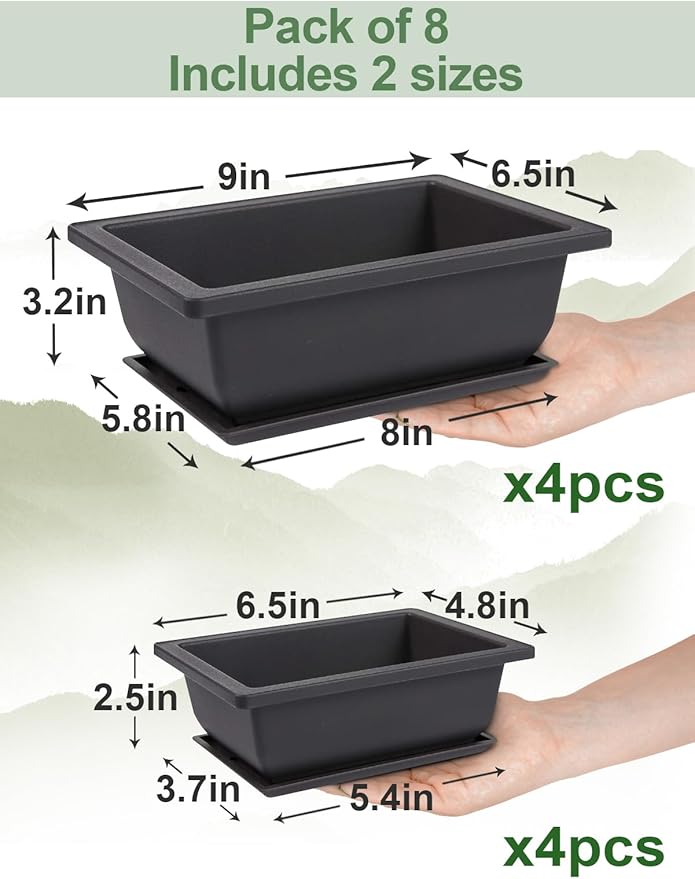 8 Packs Bonsai Training Pot with Humidity Tray - 6.5in & 9in Training Nursery Pots Kit, Plastic Plants Growing Planter with Drainage Tray, Indoor Succulents Decor Garden