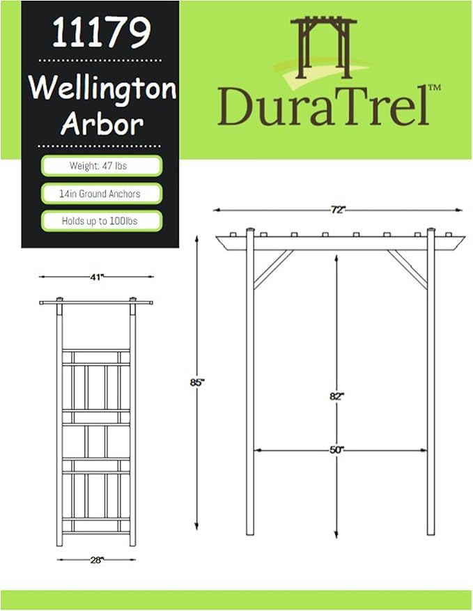 Dura-Trel Outdoor Garden Arch, Wellington Arbor Trellis for Climbing Plants, 72" x 85"