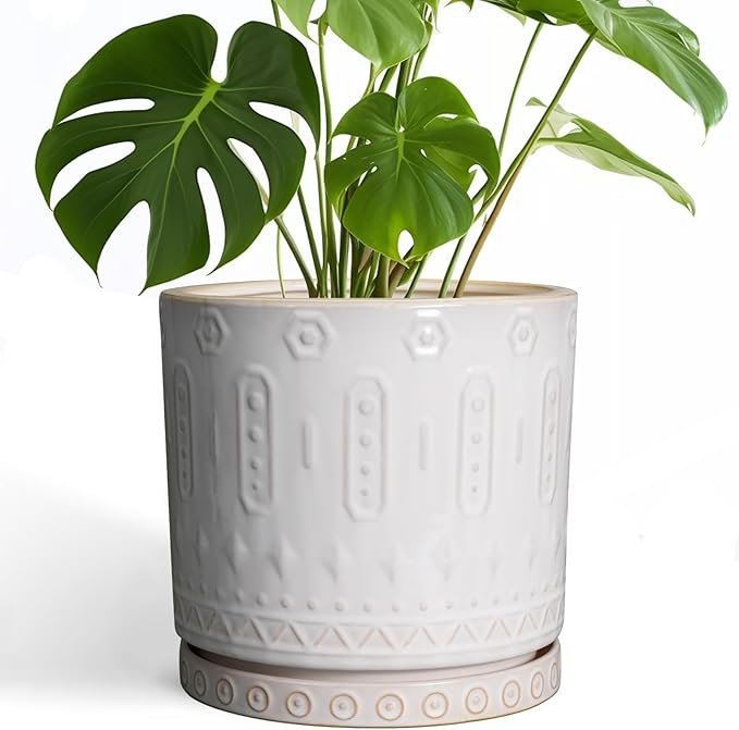 Ceramic Planter Pot - 10 Inch Plant Pot for Indoor Outdoor Plants Round Large Flower Pot with Drainage Holes and Saucer for Home Garden Patio Decor White