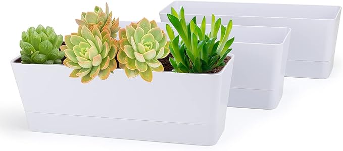 GREANER Flower Boxes, 3 Pack 12x3.8 Inch Rectangle Window Boxes, Herb Planters with Tray, Indoor Succulent Cactus Flowers Plastic Drawable Pot for Windowsill, Garden, Balcony, Office Outdoor (White)