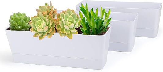 GREANER Flower Boxes, 3 Pack 12x3.8 Inch Rectangle Window Boxes, Herb Planters with Tray, Indoor Succulent Cactus Flowers Plastic Drawable Pot for Windowsill, Garden, Balcony, Office Outdoor (White)