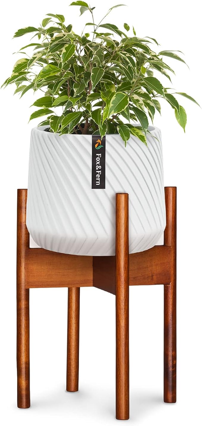 Fox & Fern Mid Century Plant Stand — 8 Inch Fixed Size Wooden Plant Stand for Indoor Planters; Raised Flower Pot Holder for Indoors; Plug In Design; Two Height Options; Easy to Assemble - Acacia