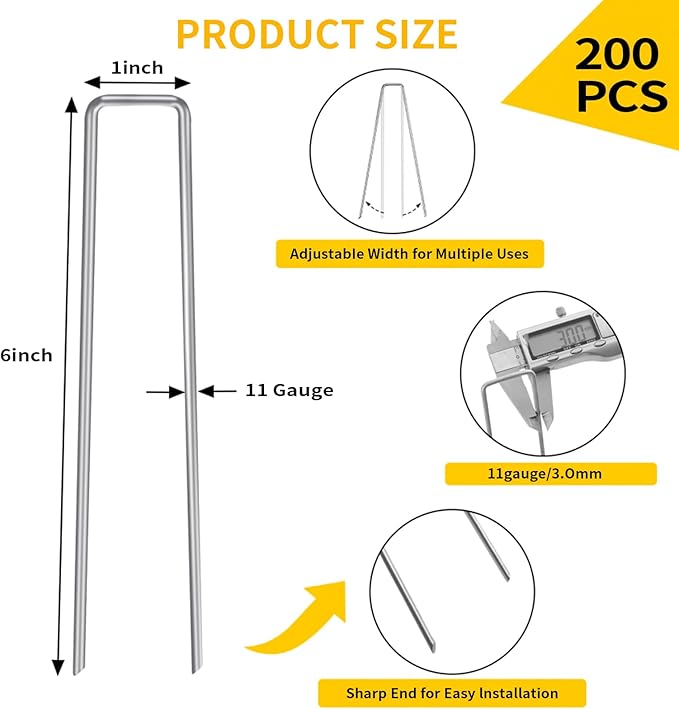 CEWOR 200 Pack Landscape Staples 6 Inches, 11 Gauge Galvanized Landscape Fabric Stakes Metal Garden Ground Stakes Sod Pins for Lawn, Barrier Fabric, Holding Fence, Ground Cover