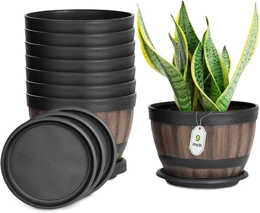 8 Pack Plant Pots with Drainage Holes, Include 8 of 9 inches Flower Pots with Saucers, Plastic Imitation Wine Barrel Design for Indoor Outdoor Garden Home Plants