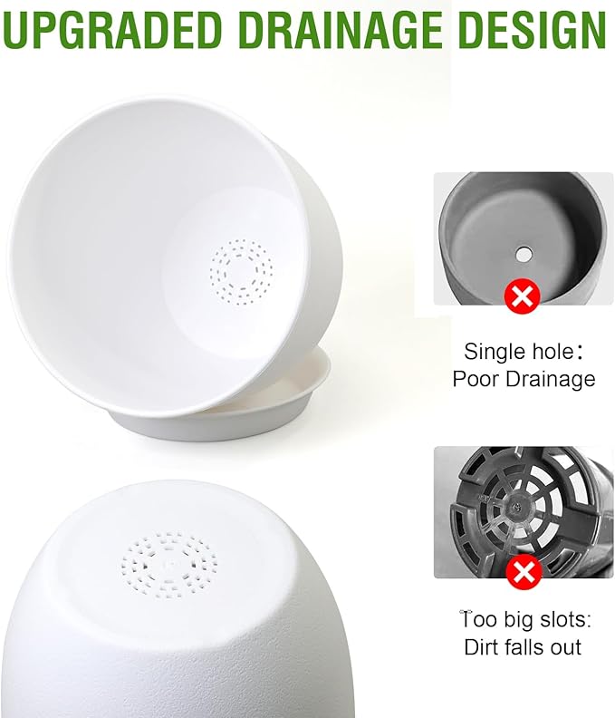 9/8/7.5 inch Flower Pots, Set of 3 Modern Decorative Plastic Planters with Drainage Holes and Saucers, Plant Pots for Indoor Outdoor Plants, White