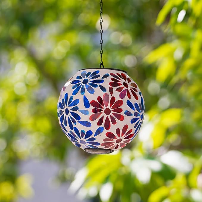 Solar Lanterns Outdoor Waterproof, Hanging Mosaic Flower Solar Lantern with Hook, Hanging Gazing Ball Globe Lantern for Garden Patio Yard Decor
