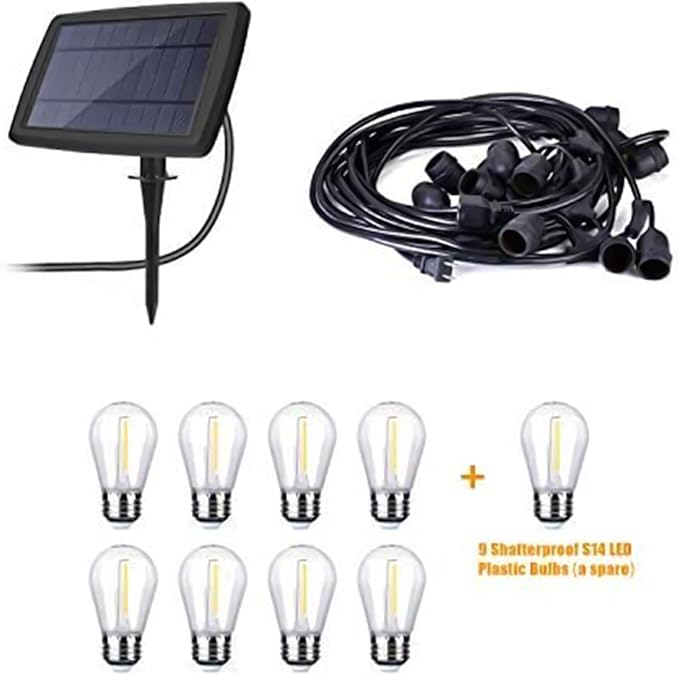 FMART LED 49 Foot Solar Powered String Lights with Vintage Style Waterproof, Shatterproof Plastic Bulbs for Exterior Decoration and Outdoor Use