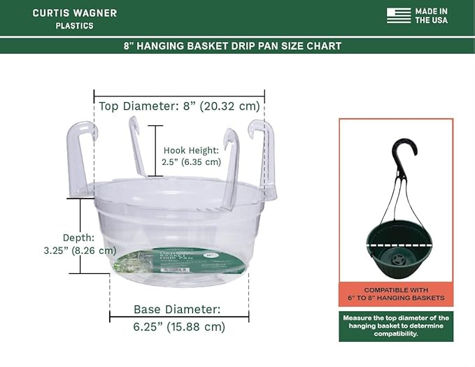 Curtis Wagner Plastics Hanging Basket Drip Pans (5-Pack) | Clear, Round (Diameter = 6.25" Base, 8" Top, 3.5" Depth) Hanging Plant Tray Saucer with Built-in Hooks & Water Catcher for Indoor & Outdoor