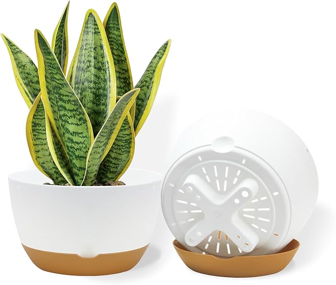 8 Inch Pots for Indoor Plants, Self Watering Planters with Drainage and Saucers, Plastic Outdoor Flower Pot, Set of 2, White