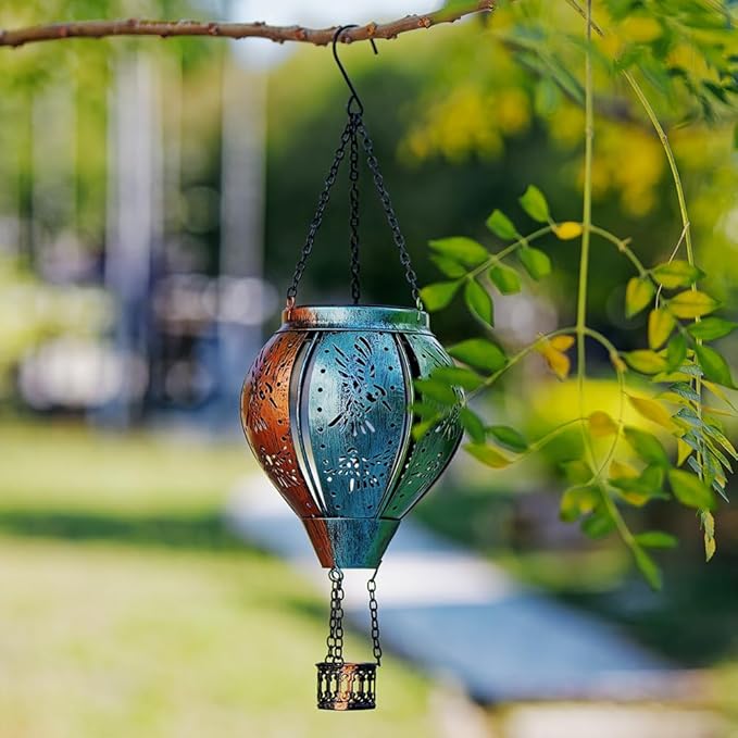 Hummingbird Solar Lantern Hot Air Balloon Outdoor Waterproof Lights, Metal Solar Hanging Lanterns Hummingbird Ornament for Garden Yard Patio, Hummingbird Gifts for Women Mom