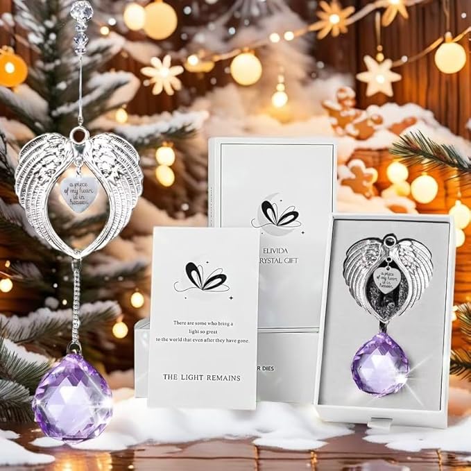 Sympathy Gift Modern Grief Gift for Lose of Loved Ones, Memorial Suncatcher with 40mm Crystal Ball, Sorry for Your Lose Rainbow Maker, Bereavement Gift Idea Angel Wings Design, Purple